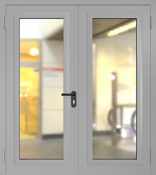 Двупольная противопожарная дверь с максимальным остеклением RAL 7035 Двупольная противопожарная дверь с максимальным остеклением RAL 7035