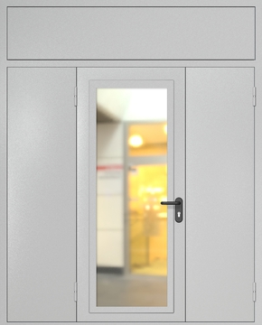 Полуторная противопожарная дверь с максимальным остеклением, фрамугой и глухой боковой вставкой RAL 7035 Полуторная противопожарная дверь с максимальным остеклением, фрамугой и глухой боковой вставкой RAL 7035